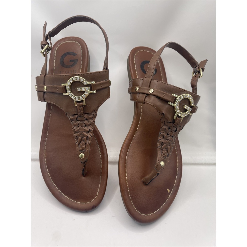 GUESS Women's Size 8.5 Brown Gold G Logo Sandals Slingback Thong Style